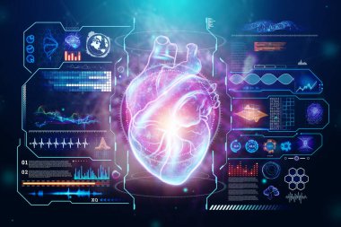 Bir insanın kalbinde bir hologram, kalp hastalığı. Gelecekteki Sağlık Hizmetleri Hi Tech Teşhis Paneli. Gelecekteki modern tıp bilimi. 3B illüstrasyon, 3B canlandırma