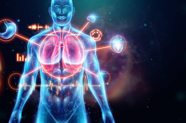 İnsan vücudunda iltihaplı akciğerlerin hologramı. Akciğer hastalığı, zatürree, covid-19 salgını, koronavirüs. 3B görüntüleme, 3B resimleme
