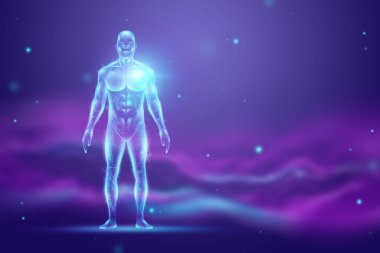 Hologram insan vücudu sağlık hizmetleri geleceği. Gelecekteki modern tıp bilimi. 3B illüstrasyon, 3B canlandırma