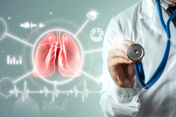 Doctor Holograma Pulmones Inflamados Concepto Enfermedad Pulmonar Neumonía Pandemia Covid — Foto de Stock
