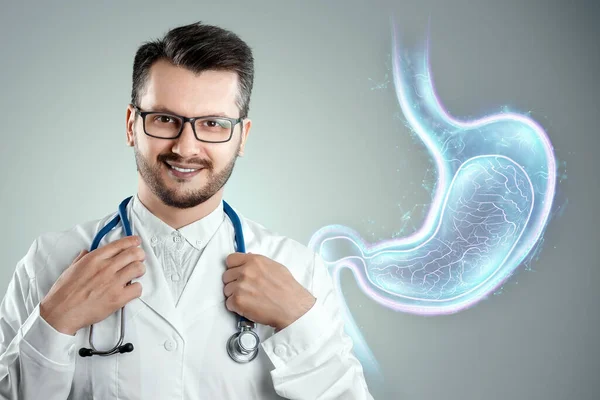 Arzt Vor Dem Hintergrund Eines Hologramms Des Magens Endoskopie Verfahren — Stockfoto