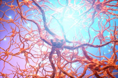 İnsan beynindeki sinaps ve nöronlar. Kimyasal ve elektrik sinyalleri göndermek, insan sinir sistemi. 3B illüstrasyon, 3B canlandırma