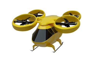 Uçan şehir ulaşımı, beyaz arka planda izole edilmiş şehir aracı. Pervaneli araba. 3B resimleme, 3D görüntüleme, kopyalama alanı