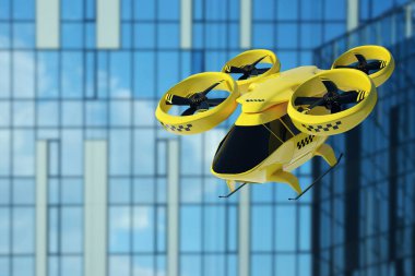Yellow flying taxi against the sky, city electric transport drone. Car with propellers, clean air, fast ride. Mixed media, copy space clipart