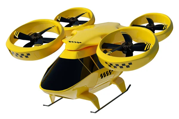 Yellow flying taxi isolated on white background, city electric transport drone. Car with propellers, clean air, fast ride. 3D illustration, 3D rendering, copy space