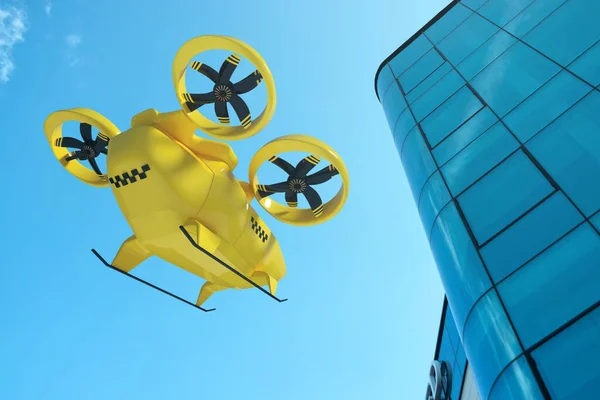 Taxi Volante Giallo Contro Cielo Drone Trasporto Elettrico Della Città — Foto Stock