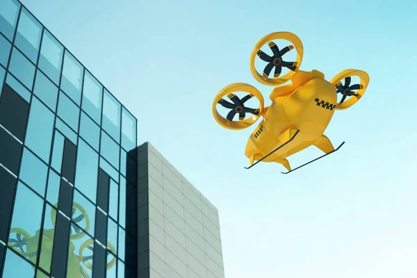 Желтое Летающее Такси Против Неба Беспилотник Городского Электрического Транспорта Машина — стоковое фото