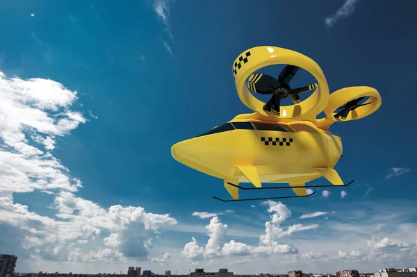 Желтое Летающее Такси Против Неба Беспилотник Городского Электрического Транспорта Машина — стоковое фото