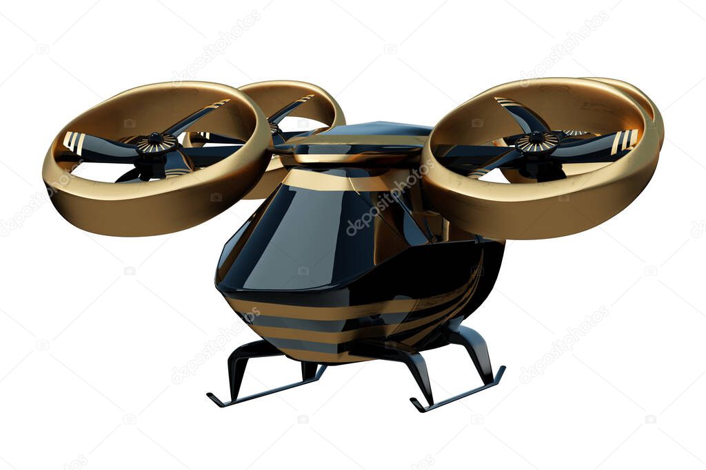 Flying city transport, urban electric car drone Isolated on a white background. Car with propellers, clean air. 3D illustration, 3D rendering, copy space