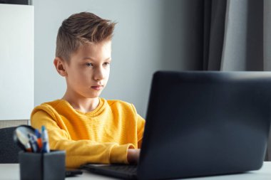 Sarı ceketli bir çocuk, evde bir masada oturuyor, bir dizüstü bilgisayara bakıyor, internetten öğreniyor, evde internet üzerinden öğreniyor. Teknoloji, okul, bilgi. Boşluğu kopyala