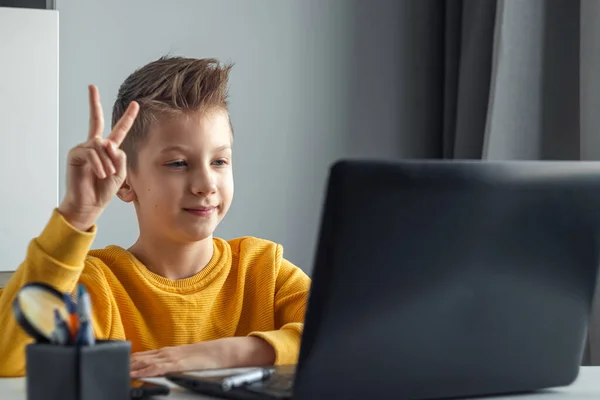 Distance Learning Boy Learns Math While Looking Laptop Beech Online — Stock Photo, Image