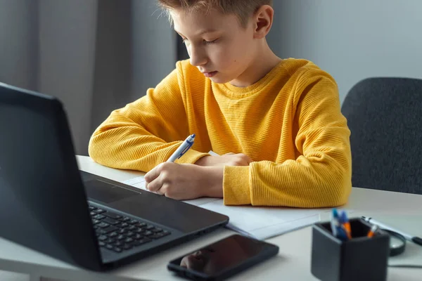 Distance Learning Boy Learns Math While Looking Laptop Beech Online — Stock Photo, Image