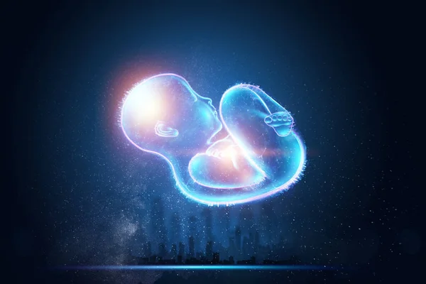 Infant, a child in a fetal position, an embryo, a hologram on a dark background. Pregnancy concept, artificial insemination, copy space. 3D illustration, 3D rendering