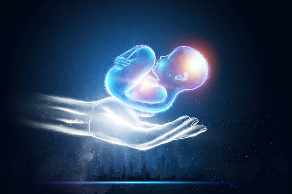 Artificial Insemination Hand Child Fetal Position Embryo Hologram Pregnancy Concept — Stock Photo, Image