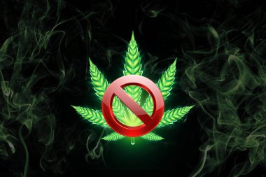 Marihuana yaprağı yasağı işareti, kenevir yaprağı, esrar tüketicisi sembolü. Marihuananın yasallaştırılmasının yasaklanması, cezai sorumluluk. Uzayı kopyala 3B illüstrasyon, 3B canlandırma