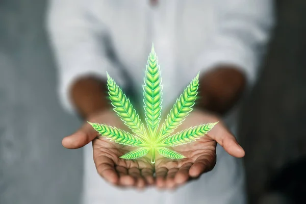 Male hands with marijuana sign, hemp leaf, cannabis consumer symbol. The concept of legalization of marijuana medical use, the impact on the psyche. Copy space