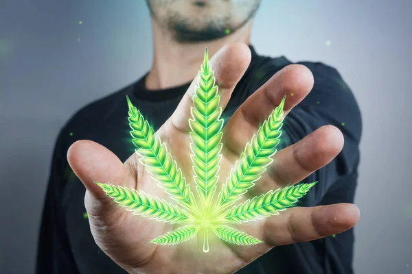 Mains Masculines Avec Signe Marijuana Feuille Chanvre Symbole Consommateur Cannabis — Photo