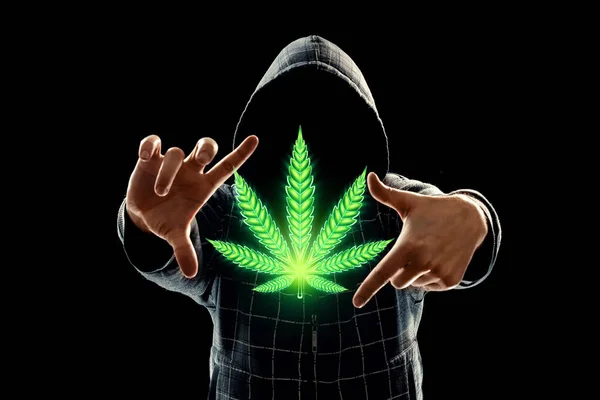 Männliche Hände Mit Marihuana Zeichen Hanfblatt Cannabis Konsumenten Symbol Das — Stockfoto