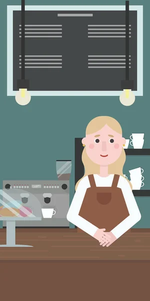 İş yerinde bir kafede barista kız. Vektör düz çizim