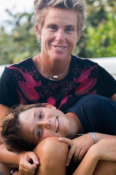 Mother Son Posing Joyfully Garden Home — Stock Photo, Image