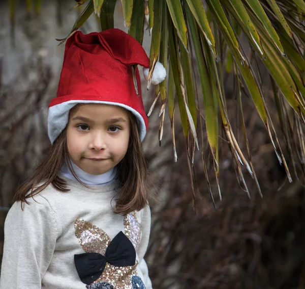 Natal no jardim da casa com um chapéu de Natal . — Fotografia de Stock