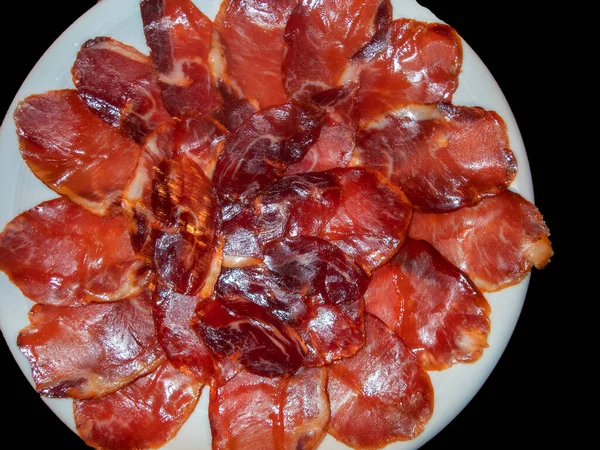 Fotografía Cenital Plato Con Rodajas Lomo Cerdo Listo Para Comer — Foto de Stock