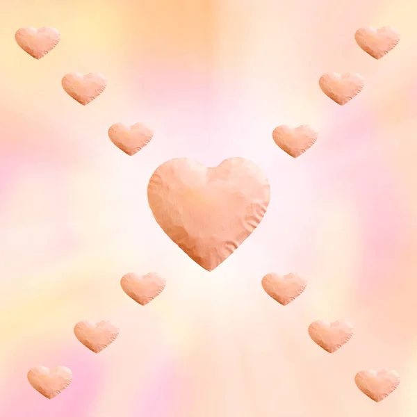 Big pink heart and small hearts and yellow with pink background and copy space.