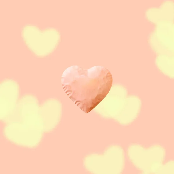 Big pink heart and pink background and copy space. yellow heart bright, pink background.