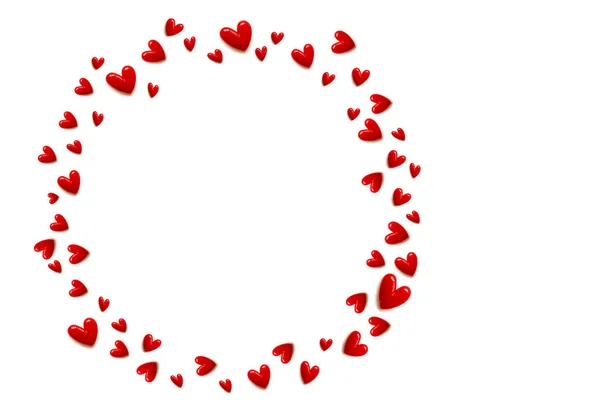 Frame van ronde rode harten op witte kleur achtergrond en kopieer ruimte. — Stockfoto
