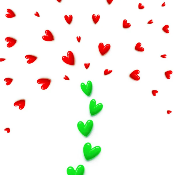 Small red with green hearts are set with like a fountain or like a tree on white color background. — Stock Photo, Image