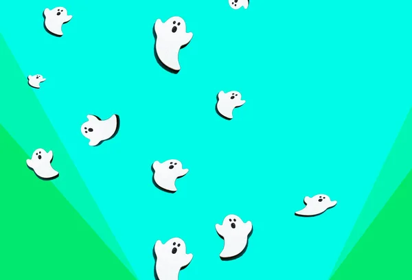 Set White Ghosts Blown Isolated 3Green Colors Background Copy Space — Stock Photo, Image