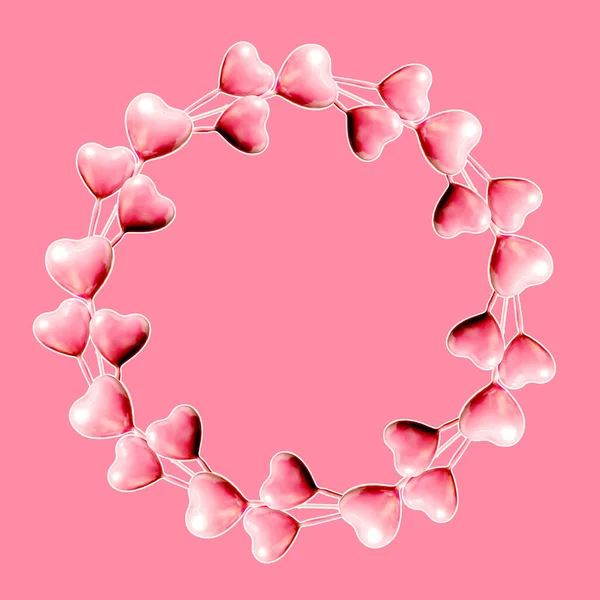 Uppsättning Cirkel Gjord Rosa Hjärtan Isolerad Rosa Bakgrund Och Kopiera — Stockfoto