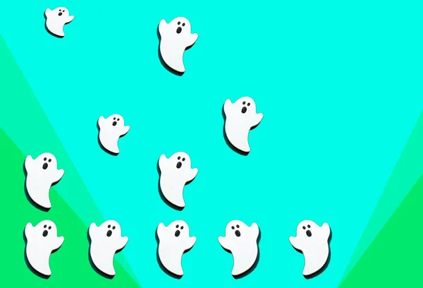 Set White Ghosts Blown Isolated 3Green Colors Background Copy Space — Stock Photo, Image