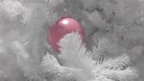 Pembe topları ile beyaz Noel ağacı. makro çekim — Stok video