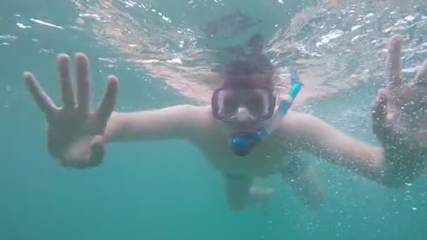 Primo piano di un uomo divertente e felice che nuota sott'acqua indossando una maschera — Video Stock
