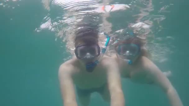 Крупный план веселых и счастливых мужчин и женщин, плавающих под водой в масках — стоковое видео