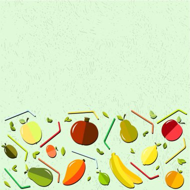 Vektör grafik Dünya Sağlık günü dokulu arka plan gözlükteki suyu, meyve suyu, saman, meyve, elma, muz, armut, mandalina, portakal, avokado, nar, kivi, mango, yeşil elma, Kırmızı elma, limon,