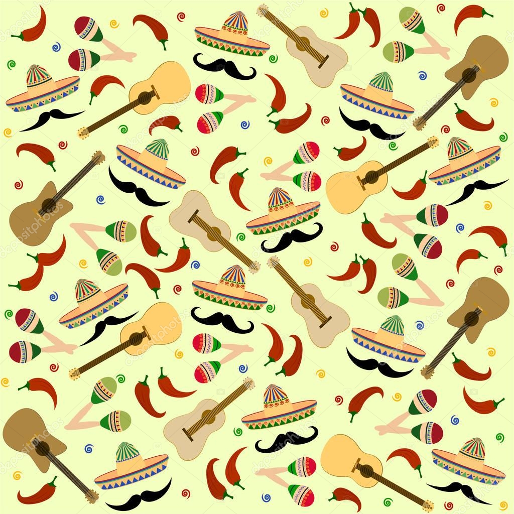 Beautiful textured background for holiday Independence Day May 5 for banner, logo, postcard, menu. Mexico, cinco de mayo, musical instruments, maracas, hat, sombrero, guitar, chili, mustache, colorful. vector eps10. Place for your text.