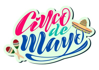 Bir afiş, logo, kartpostal, menü için 5 Mayıs tarihinde tatil cinco de mayo için dokulu bir arka plan üzerinde el yazısı metin. Meksika, müzik aletleri, marakas, şapkalar, renkli. vektör eps10