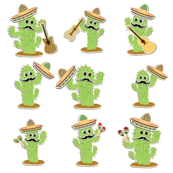 Gyönyörű senor Mr. Cactus holiday cinco de mayo banner, logó, képeslap, menü. Mexikó,, hangszerek, maracas, kalapok, sombrero, gitár, chili, bajusz vektor eps10 — Stock Vector