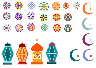  Metin, yazıt Ramazan Kareem afiş, kartpostal İslam geometrik desenleri, ay, yıldız, çerçevesi ile illüstrasyon vektör.