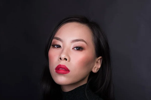 Close Portrait Asian Woman Red Lips Dark Background — Stock Photo, Image