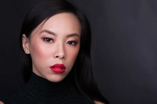 Close Portrait Asian Woman Red Lips Dark Background — Stock Photo, Image
