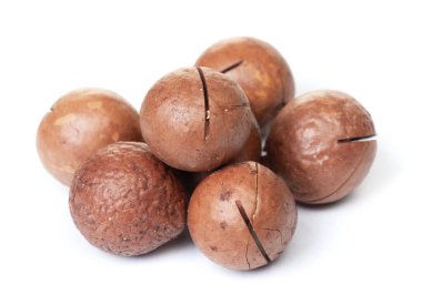 Kabuklu macadamia fındığı yığını beyaz arkaplanda izole edilmiş.