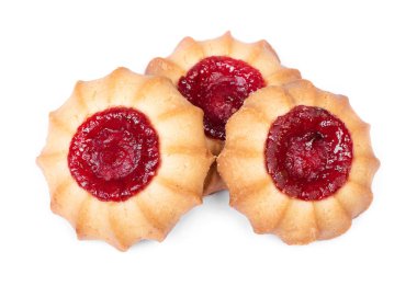 Beyaz arkaplanda bir damla reçelli kurabiye grubu