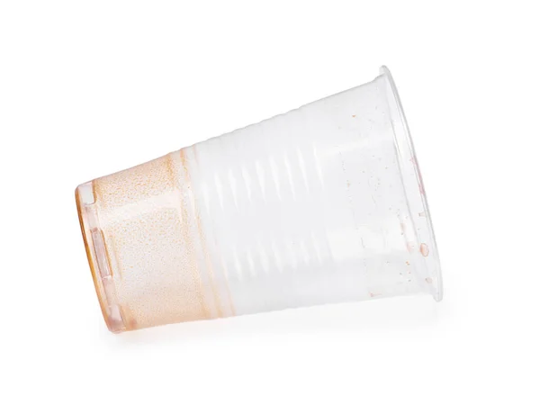 Copo Plástico Descartável Vazio Sujo Isolado Fundo Branco — Fotografia de Stock