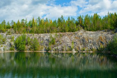 Göl kenarındaki bir kayanın üzerindeki ağaçlar - manzara