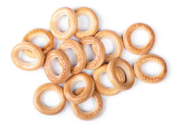 Egy Halom Száraz Bagel Fehér Alapon Elszigetelt Kenyérgyűrűk — Stock Fotó