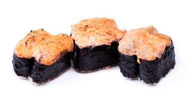 Çift suşi grubu beyaz arkaplanda izole edildi