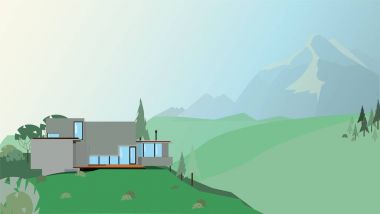 dağlarda bir ev çizimi